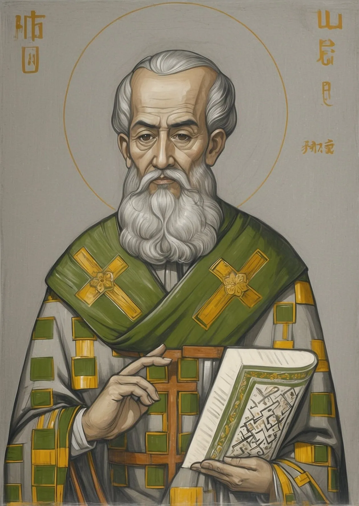 An illustration of an early church father holding a book of Scripture