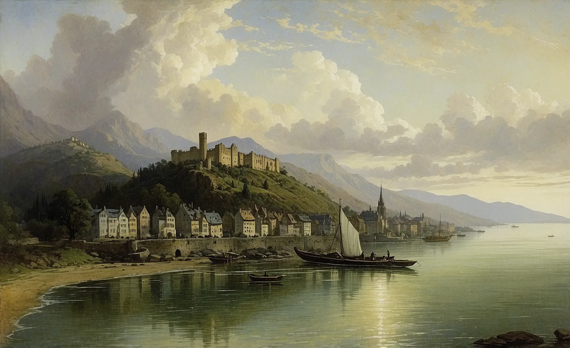 A painting of a castle above a European river town, in the era of the Reformation